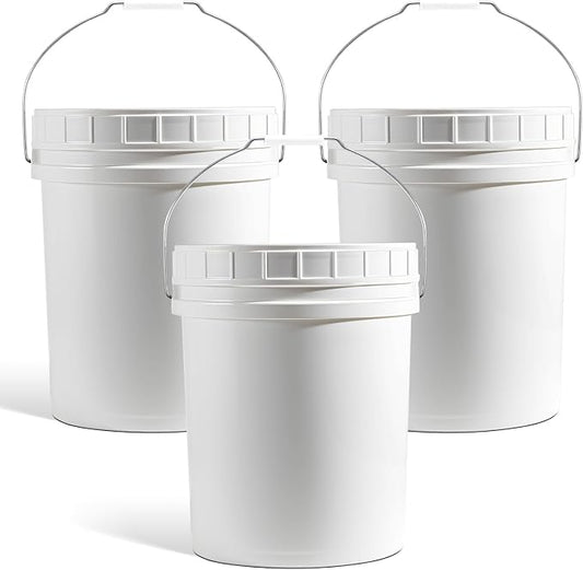 DEMORA 5 Gallon Food Grade Bucket with Screw Lid, Heavy Duty Plastic Buckets Containers for Food Storage, Plastic Pail with Metal Handle for Water Cleaning Paint Gardening, BPA Free (White, 3 Pack)