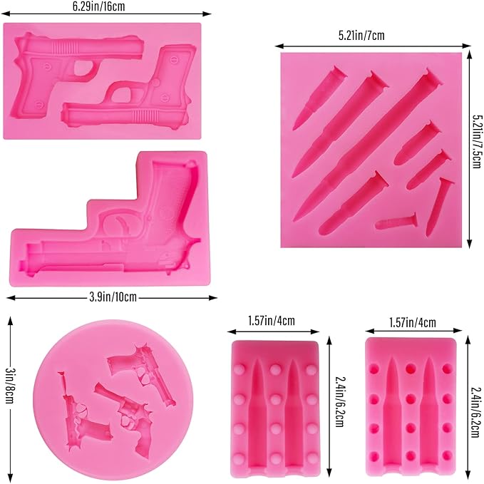 Gun Silicone Molds 3D Bullet & Pistol Shaped For Cake Decorating, Candy, Chocolate, DIY, Gummy, Desserts, Crafting, Cupcake Topper (5 Pcs)
