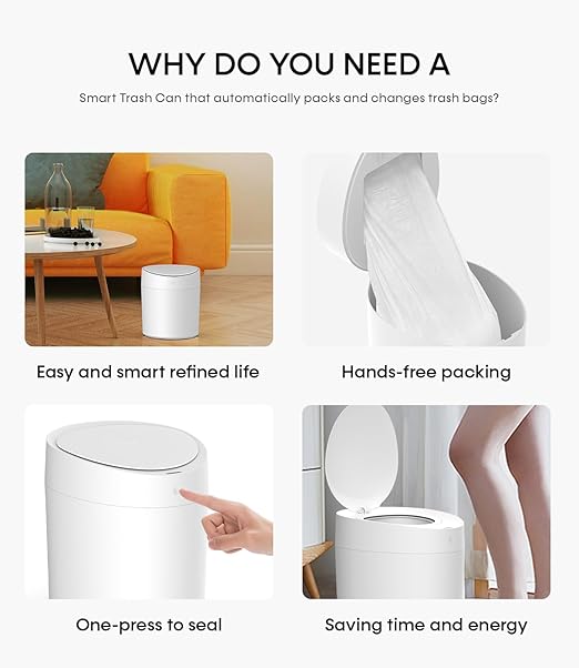 TOWNEW T AIR ONE Smart Trash Can, 2.6 Gallon Automatic Garbage Can with Self-Sealing and Self-Changing, Motion Sense Activated Rechargeable Trashcan for Living Room Bedroom Workshop Kitchen, White