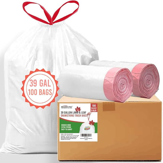 39 Gallon Trash Bags Drawstring, 100 Count Bulk, White | Unscented | Heavy Duty Multi-purpose Garbage Bags Can Liners for Business Home Kitchen Commercial and Industrial