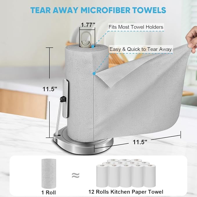 AIDEA Microfiber Cleaning Cloth Roll, 50PK, Paper Towels Reusable Grey Tear Away Towels, Washable Shop Rags, Microfiber Towels for Cars, Lint Free Rags for House, Kitchen, Window,11.5"×11.5"