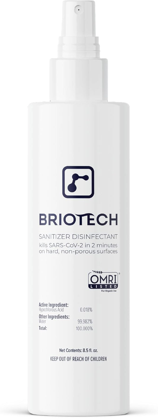 BRIOTECH Sanitizer Disinfectant Hypochlorous Spray, Kill 99.99% of Viruses & Bacteria, Control Mold, Eliminate Odor, Gentle for Nursery & Play Rooms, Food Contact Surface Sanitizer, 8 fl oz