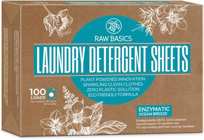 Laundry Detergent Sheets - Ocean Breeze Scent - Zero Waste, Plastic Free Natural Soap - Travel Size Essentials for Washing Clothes, 100 Loads