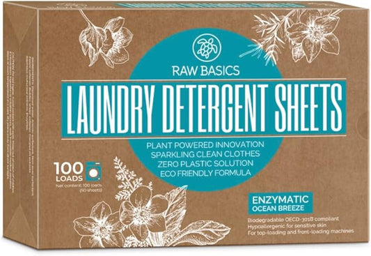 Laundry Detergent Sheets - Ocean Breeze Scent - Zero Waste, Plastic Free Natural Soap - Travel Size Essentials for Washing Clothes, 100 Loads