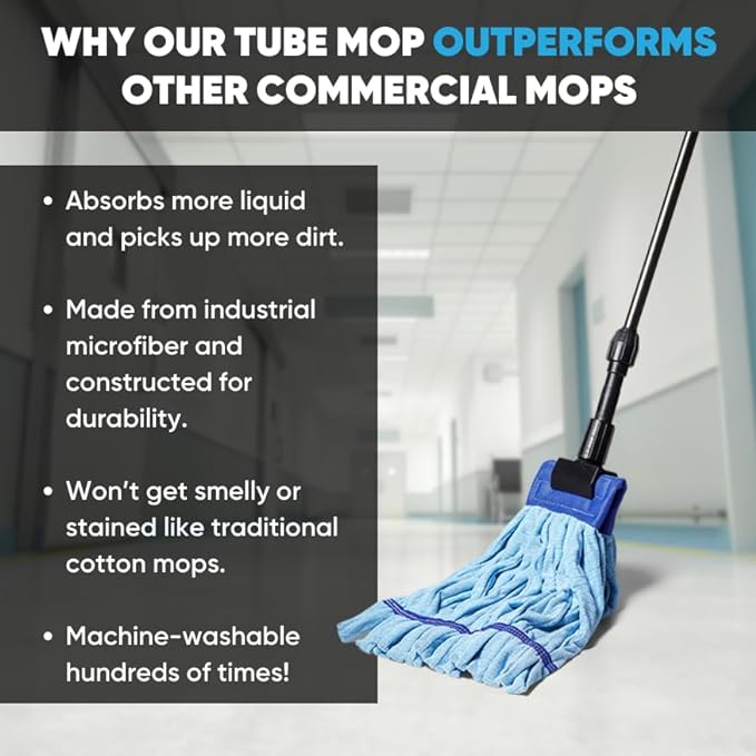 Commercial Mop Head Replacement – 1 Pack Blue Medium Microfiber Tube Mop (14 oz.) | Industrial Wet Mops | Refill Heads, Machine Washable, Heavy Duty | Hardwood, Tile, Laminate, Vinyl Floors