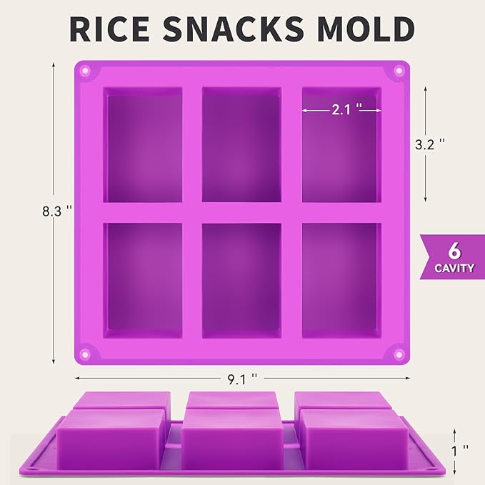 6-Cavity Rice Krispie Treat Molds, 3 Pcs Silicone Candy Bar Molds, Non-Stick Rectangle Chocolate Molds for Making Rice Crispy Snacks, Dubai Chocolate, Candy Bars, Brownies
