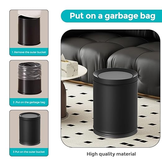 2.6 Gallon/10L Modern Metal Bathroom Trash Can with Lid,Light Luxury,Elegant Waste Basket,Black Garbage Can,for Bathroom,Bedroom,Living Room, Kitchen,Office,Bank (10L-Black)