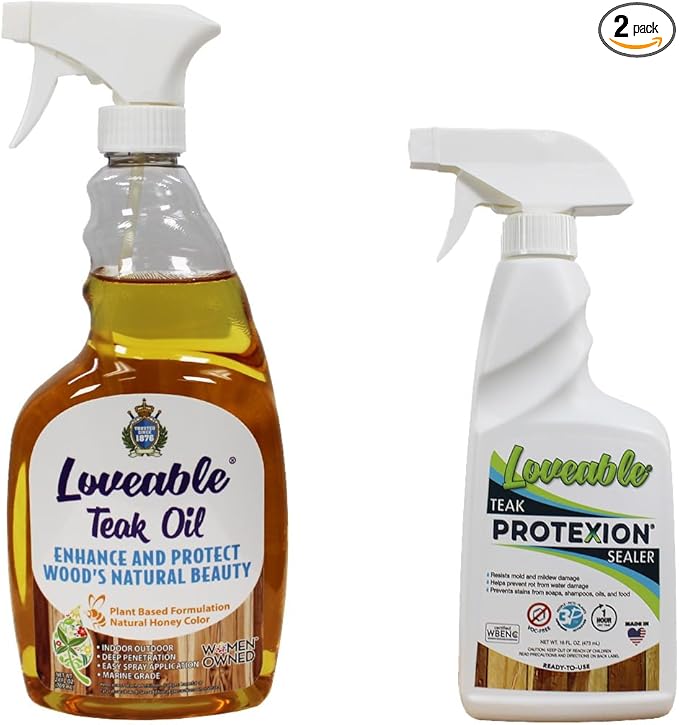 EcoDecors Loveable 24 oz Spray Bottle Teak Oil and Loveable Protection 16 oz Teak Sealer For Outdoor Furniture