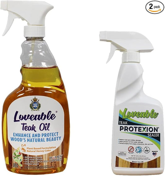EcoDecors Loveable 24 oz Spray Bottle Teak Oil and Loveable Protection 16 oz Teak Sealer For Outdoor Furniture