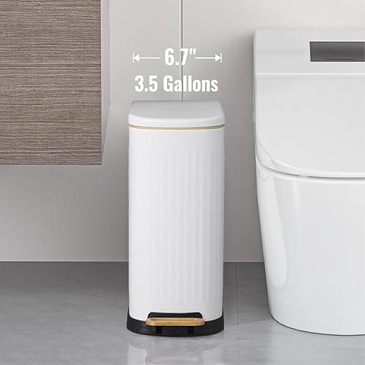 Slim Bathroom Trash Can with Soft Close Lid Stainless Steel Garbage Can Step Trash Bin with Removable Inner Bucket for Bedroom, Office, Kitchen (Matt White, 3.5 Gallons)
