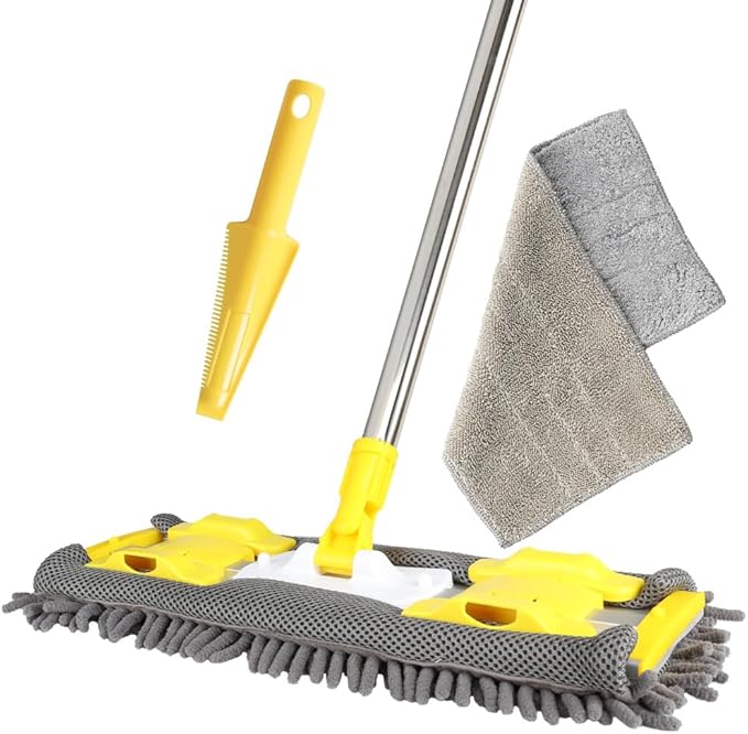 Flat Dust Mop for Floor Cleaning with Microfiber & Chenille Washable Pads and 1 Dirt Removal Scrubber,Wet&Dry Floor Mop with Adjustable Long Handle for Home,Hardwood,Laminate,Tile,Marble