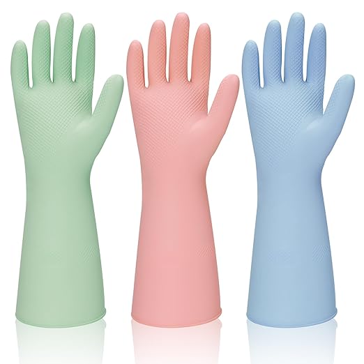 Rubber Kitchen Dishwashing Gloves - 3 Pairs Reusable Household Cleaning Gloves, Flexible and Durable & Non-slip Cleaning Gloves, Great for Kitchen, Bathroom, Laundry (Medium, Pink+Green+Blue)