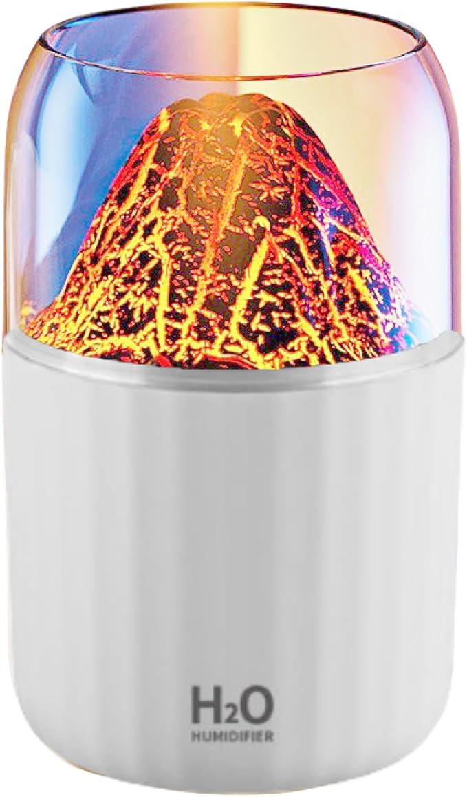 Colorful Volcano Humidifier, Ultrasonic Cool Mist Auto Shut-Off Car Diffuser, 2 Fog Mode Ultra Quiet Humidifier for Car Bedroom Office USB-300ml (White)
