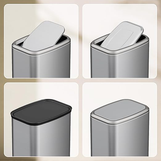 8L/2.1 Gal Small Bathroom Trash Can with Lid, Swing-Top Rectangular Waste Bin, Stainless Steel Garbage Can for Home, Office, Toilet, Bedroom, Living Room (Silver)