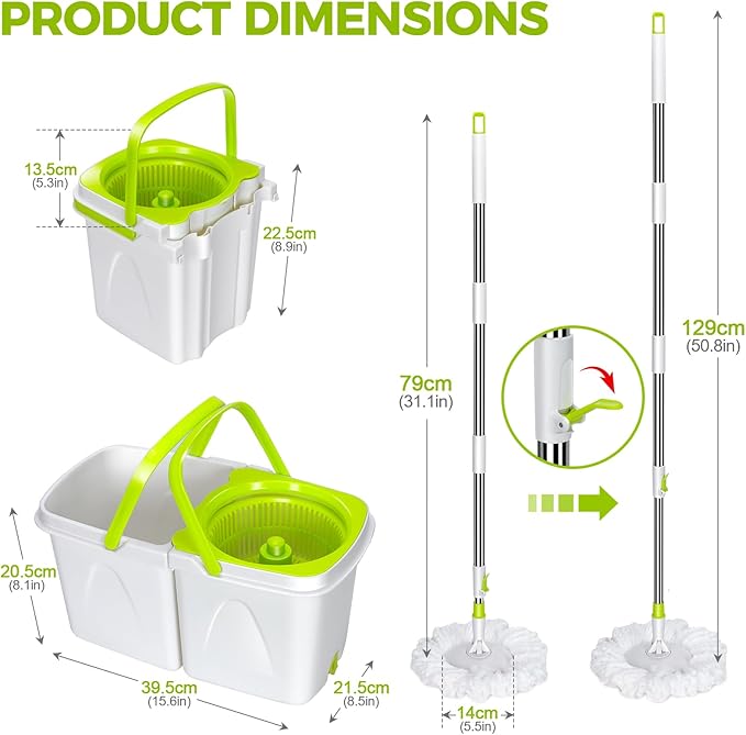 Spin Mop and Bucket,Masthome Mop and Bucket Set with Wringer.4L Detachable Bucket Small,Separate Clean and Dirty Water,Adjustable 50" Handle,3 Microfiber Pads for Wet/Dry Hardwood Tile Floor Cleaning