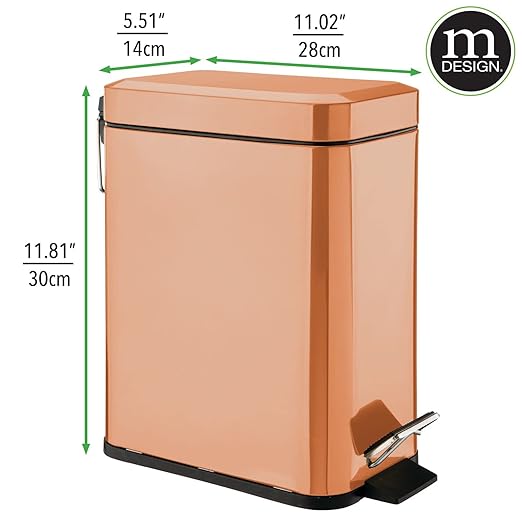 mDesign Small Modern 1.3 Gallon Rectangle Metal Lidded Step Trash Can, Compact Garbage Bin with Removable Liner Bucket and Handle for Bathroom, Kitchen, Craft Room, Office, Garage - Copper