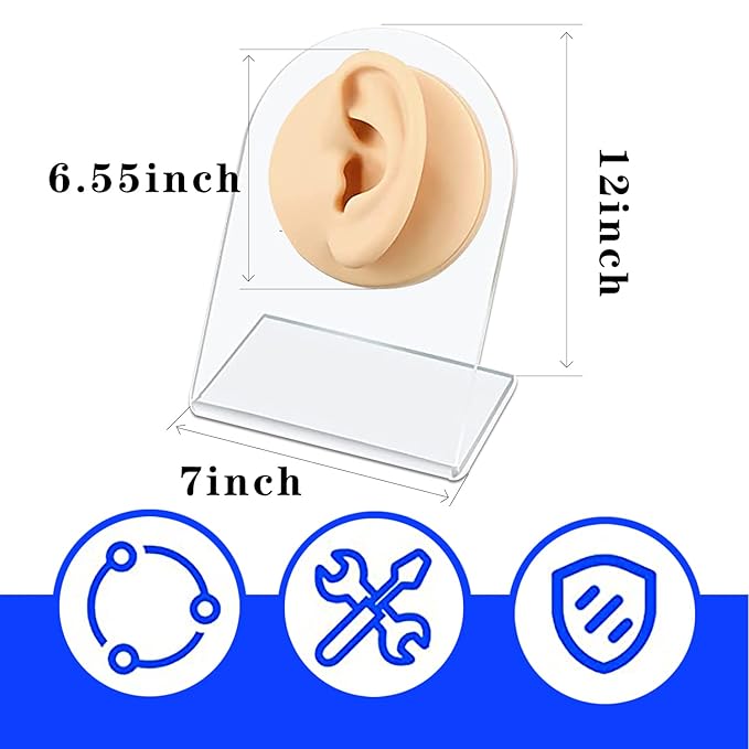TOUNALKER 1Pcs Soft Silicone Ear Model, Reused Flexible Ear Mold Fake Ear with Acrylic Stand Ears Stud, Simulation Rubber Ear for Piercing Practice Jewelry Display