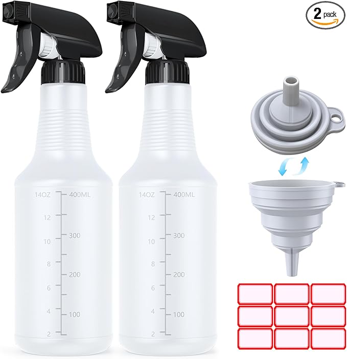 Veco Spray Bottle (2 Pack 16 Oz Black&Folded funnels) with Measurements and Adjustable Nozzle,HDPE Plastic Spray Bottles for Cleaning Solution,Household/Commercial/Industrial Use,No Leak and Clog