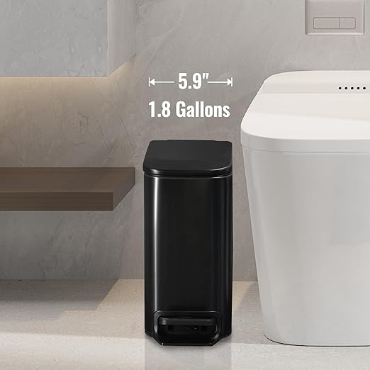 ELPHECO Small Bathroom Trash Can with Lid Soft Close 1.8 Gallon / 6.8 Liter Stainless Steel Garbage Can Slim Black Wastebasket for Bathroom, Office, Bedroom, Matte Black