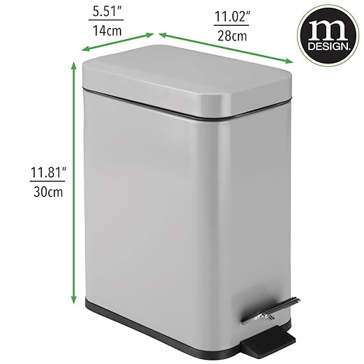 mDesign Small Modern 1.3 Gallon Rectangle Metal Lidded Step Trash Can, Compact Garbage Bin with Removable Liner Bucket and Handle for Bathroom, Kitchen, Craft Room, Office, Garage - Gray