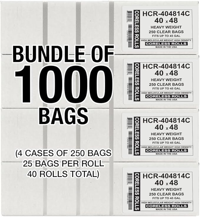Aluf Plastics High Density Trash Bags, 45 Gallon, 1000 Count, 14 Micron (eq), 40" x 48", Clear, for Bathroom, Office, Industrial, Commercial, Janitorial, Municipal, Recycling