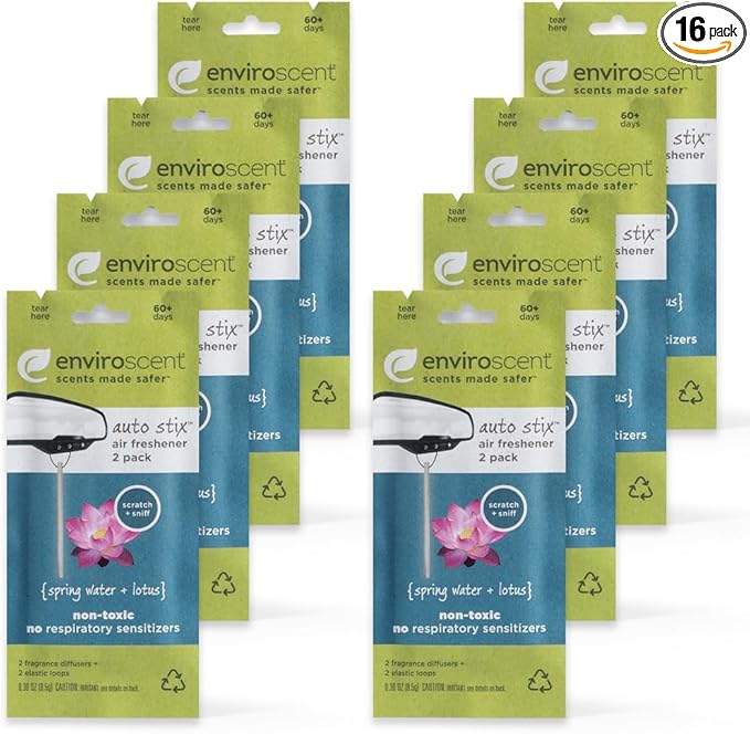 Enviroscent Non-Toxic Car Air Freshener | Natural Car Air Freshener | Essential Oil Diffuser | Car Scent Lasting Over 480 Days | 8 Packs of 2 Hanging Auto Stix (Spring Water & Lotus)