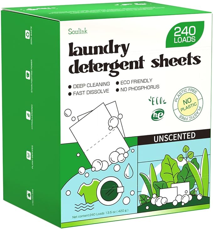 Soulink Laundry Detergent Sheets Unscented 240 Loads，Eco Friendly Detergent Sheets for Travel & Home - No Plastic Jug Liquidless Soap Strips, Plant-based, Hypoallergenic. Safe for Sensitive Skin