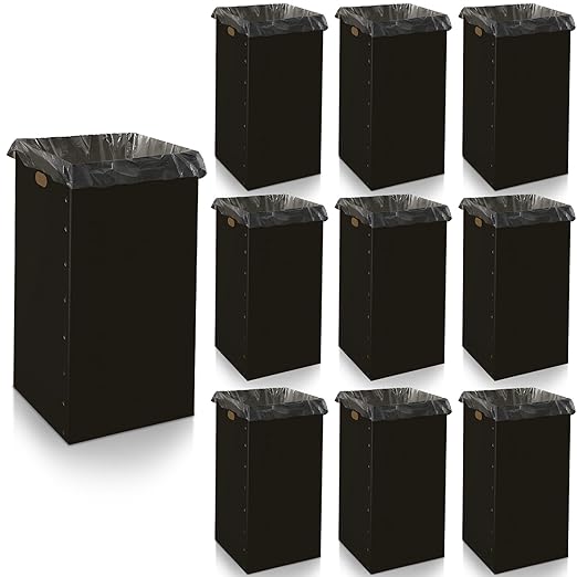Nosiny 10 Pcs 50 Gallon Disposable and Reusable Corrugated Cardboard Trash Cans for Events, Recycling Bins Bulk with Trash Bags,Cardboard Garbage Boxes for Parties,18" x 18" x 36" (Black)