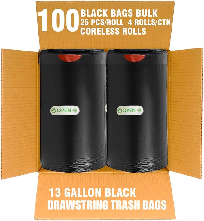 13 Gallon Trash Bags Drawstring, 100 Count Bulk, Black & Unscented Garbage Bags, Multi-purpose Tall Kitchen Trash Bags Can Liners for Business Home Commercial and Industrial
