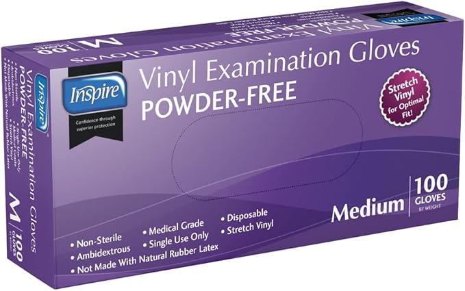 Inspire Exam Grade Powder & Latex Free Stretch Vinyl Gloves, Medium, 100 Count, White