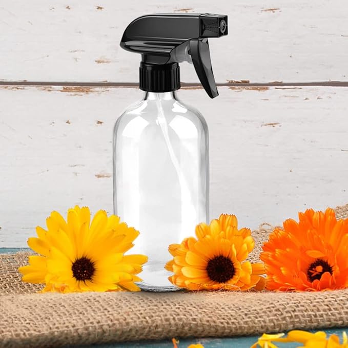 Glass Spray Bottles, 16oz*2+4oz*2+2oz*4 Refillable Containers, Empty Boston Round Bottles with Adjustable Nozzle for Cleaning, Gardening, Aromatherapy, Pets, Plant, Hair - Clear