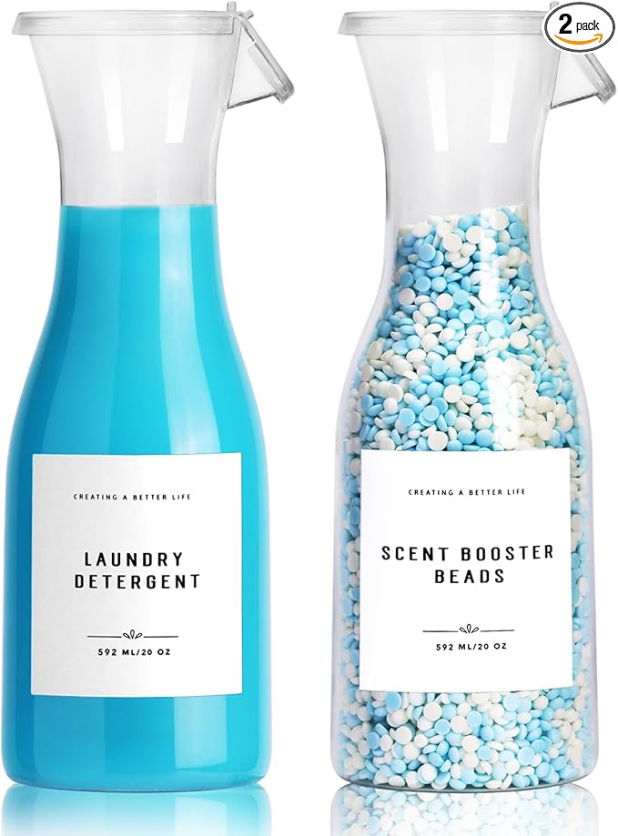 Laundry Detergent Dispenser Bottle 20oz with Waterproof Label for Laundry Detergent Soap Fabric Softener Bleach Scent Booster Beads, Sturdy PET Bottle for Laundry Room Decor 2 Pack White