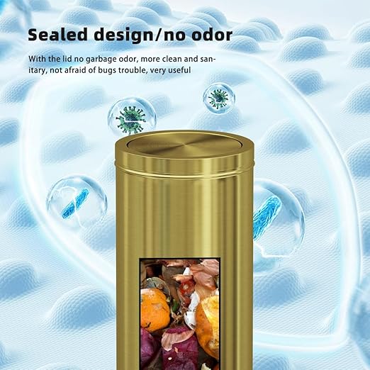 30L/8GAL Gold Brass Kitchen Trash Can,Tall Commercial Garbage can，Large Capacity FILP lid Trash can for Kitchen,Shopping mall,Elevator gate,Airport, Hotel,Commercial (Gold)