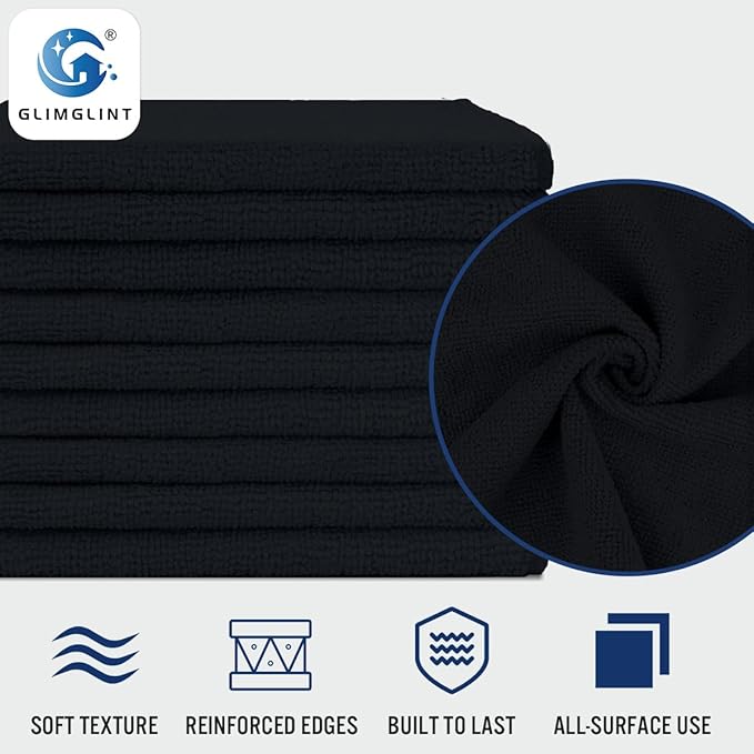 GLIMGLINT Black Microfiber Cleaning Cloth, 150 Pack Microfiber Towels for Cars, Lint Free, Scratch-Free, Highly Absorbent, Reusable Cleaning Rags for Car, Household, Shop Towels 14"X12"