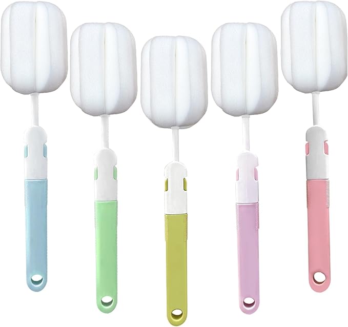 Spong Bottle Brush 5PCS Cup Brushes Sponge Baby Bottle Brushes Long Handle Cup Scrubber Brush Portable Sponge Cleaning Brush (5 PCS)