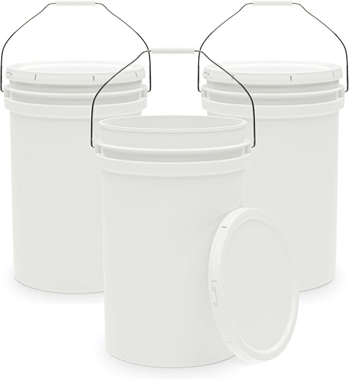 6.5-Gallon White Bucket Pail Container with Lid | Food Grade | Heavy-Duty 90MIL Extra Durable | Metal Handles with Plastic Grip for Easy Carrying | Multi-Use | Easy Stack and Store | BPA Free - 3 Pack