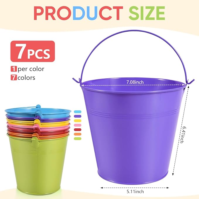 OBTANIM 7 Pack Colorful Metal Buckets with Handle Galvanized Ice Pails for Plants, Succulents, Party Favors Organizing, Rustic Home Decor or Classrooms Pencil Storage (7.1 x 5.2 inch)