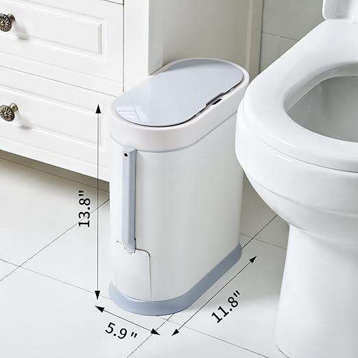 ELPHECO Bathroom Trash Can with Toilet Brush 2.5 Gallon Waterproof Trash Bin Smart Garbage can with lid Motion Sensor Waste Bin Automatic Bathroom Decor (White)