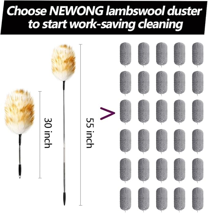 Extendable Lambswool Duster 30-55inch with Aluminium Alloy Handle, Natural Long Feather Duster for Cleaning Fans, Ceiling, Bookshelevs, for Home&Office