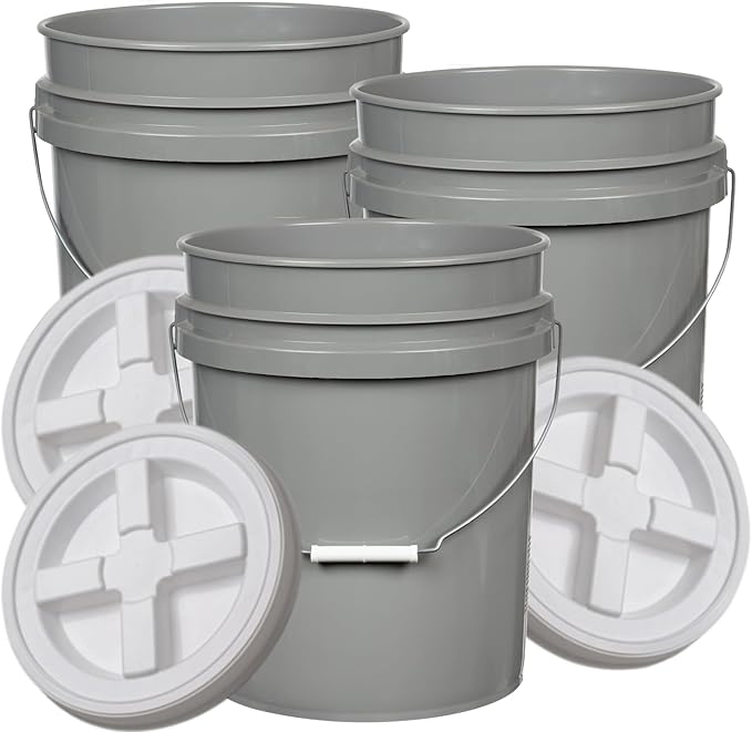 House Naturals 5 Gallon Food Grade BPA Free Made in USA Pails Gray Bucket with Screw On Air Tight Lid (3, Gray with White lids)