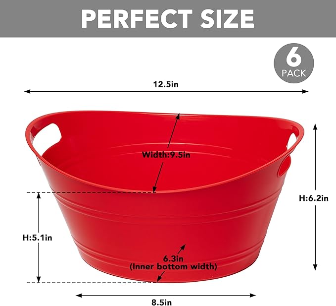 Tiawudi 6 Pack Ice Buckets with Handles, Ice Drink Tub for Party & Bar, Wine Beer Champagne Beverage Bottle Cooler, Plastic Storage Tub, Oval Storage Basket for Home, 4.5 Liter Each, Multi-Color