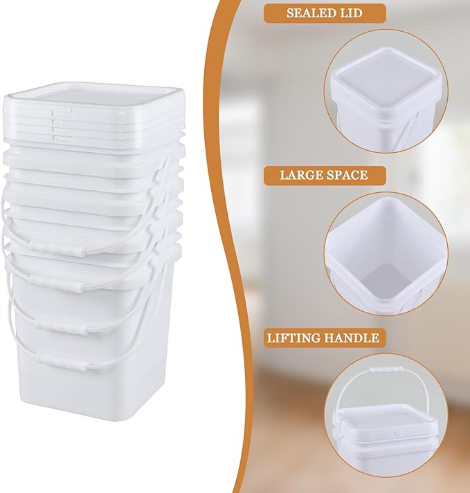 White Plastic 5 Gallon Cleaning Bucket with Handle, Square Bucket with Disposable Seal Lid for Food, All Purpose Pail, 4 Packs