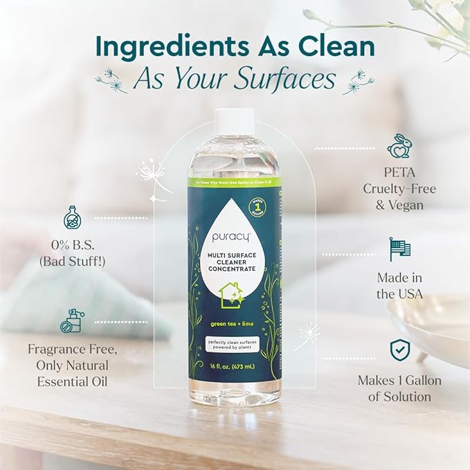 Puracy 99.9% Natural All Purpose Cleaner Concentrate - Makes 128oz Multi Purpose Cleaner - Green Tea & Lime - Surface Cleaner, Floor Cleaner, Kitchen, Cleaner, Bathroom Cleaner - Cleaning supplies