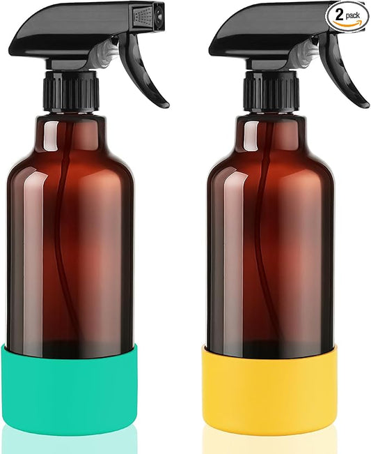 Glass Spray Bottles with Silicone Sleeve 16.9oz 2 Pack Empty Spray Bottle for Hair Mist/Stream Spraying for Cleaning Solutions, Plants, Essential Oils (Brown-green&yellow)