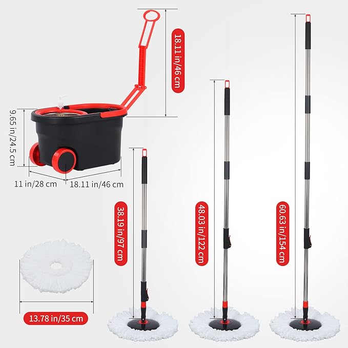 Mop and Bucket Set, 360° Spin Mop and Bucket with Wringer Set and 3 Microfiber Mop Refills, Stainless Steel 61'' Extended Handle Spinning Mop Bucket System for Floor Cleaning