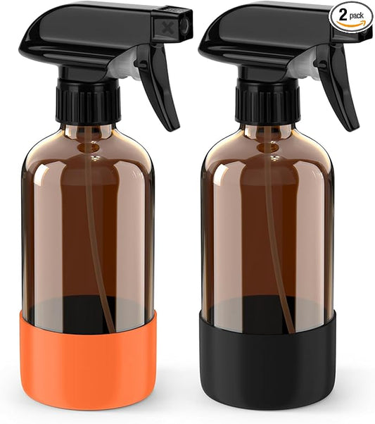 Glass Spray Bottle with Silicone Sleeve Protection, Amber Glass Spray Bottle Set for Window Cleaner Aromatherapy Facial Hydration Watering Flowers Hair Care 2 Pack/8 oz (Black & Orange)