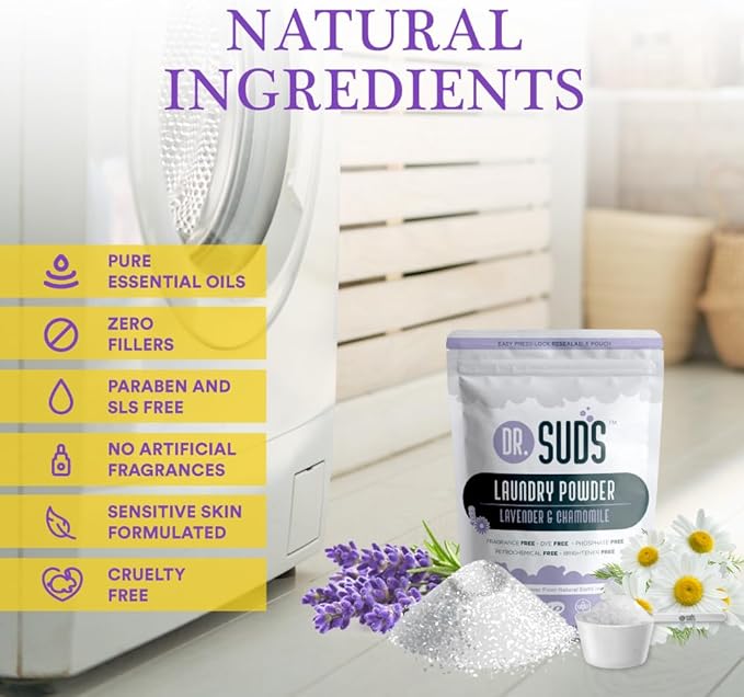 Dr Suds Natural Laundry Detergent Powder 4 Lbs 100+ Loads Skin Friendly with Lavender Chamomile Made with Natural Earth Minerals Made in USA