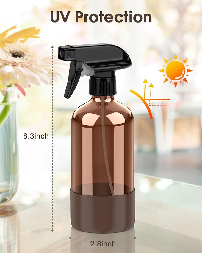 Glass Spray Bottle with Silicone Sleeve Protection, Amber Glass Spray Bottle Set for Window Cleaner Aromatherapy Facial Hydration Watering Flowers Hair Care 2 Pack/16 oz (Brown, 16 oz)