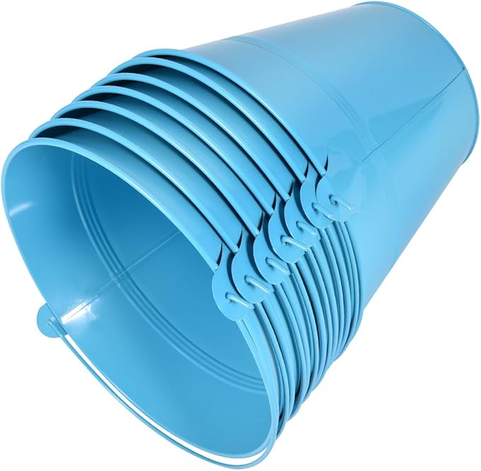 OBTANIM 7 Pack Blue Metal Buckets with Handle Galvanized Ice Pails for Plants, Succulents, Party Favors Organizing, Rustic Home Decor or Classrooms Pencil Storage (9.1 x 6.7 inch)