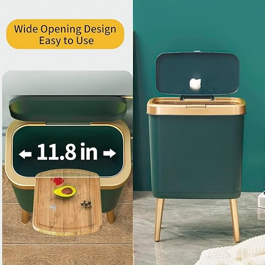 Procade Trash Can with Lid,Small Bathroom Garbage Can with Lid, Plastic Trash Can with Push Button,Narrow Waste Basket for Bedroom,Living Room, Toilet,Office,Kitchen,4 Gal-Gold Edge